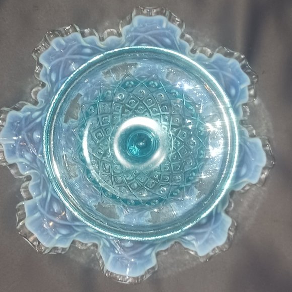 Vintage Fenton Diamond Lace Blue Opalescent Ruffle Top Pedestal Bowl - Picture 4 of 7